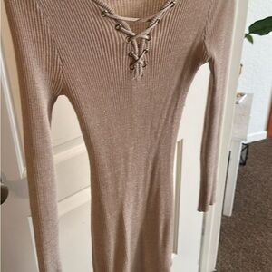 Derek Heart Tan Lace-Up Long Sleeve Dress